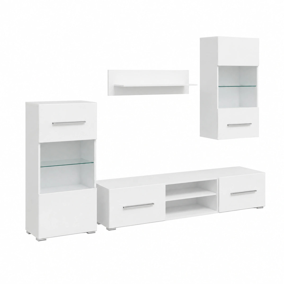 Meuble TV, 5 pièces, avec rangement, avec éclairage LED, coloris blanc, pour le salon