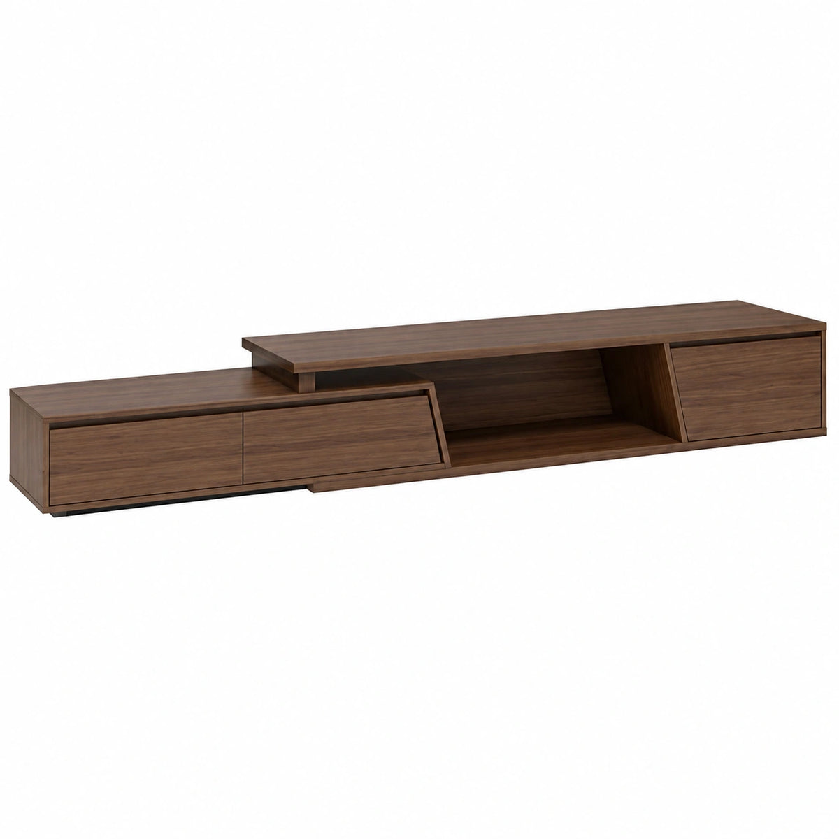 Meuble TV, extensible, avec rangement, avec tiroirs, en noyer et panneaux de bois, pour le salon