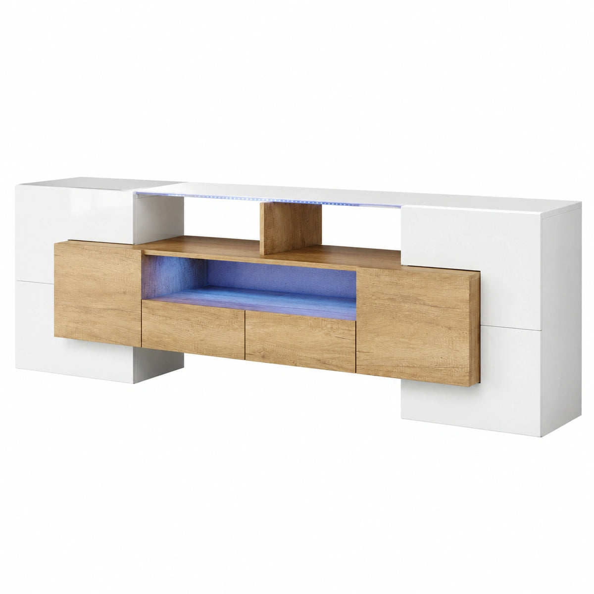 Meuble TV, avec rangement, avec éclairage LED, en verre, pour le salon