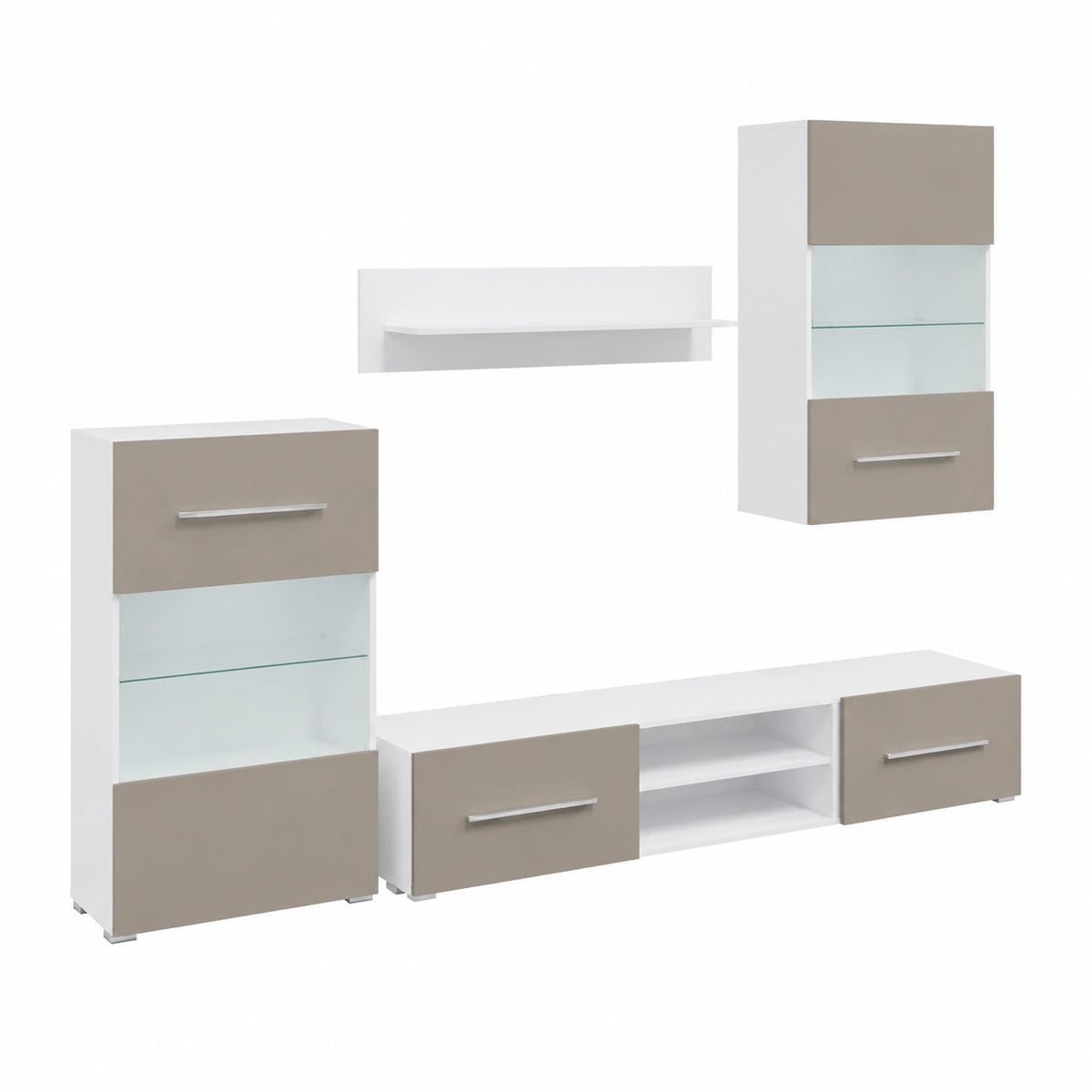 Meuble TV, avec rangement, avec éclairage LED, coloris gris, 5 pièces, pour le salon