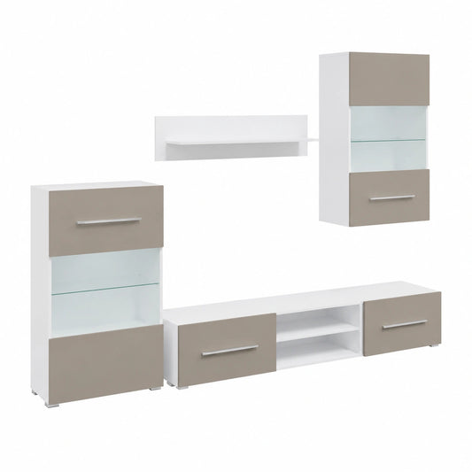 Meuble TV, avec rangement, avec éclairage LED, coloris gris, 5 pièces, pour le salon