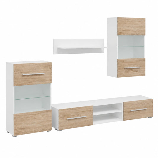 Meuble TV, avec rangement, avec éclairage LED, en chêne, 5 pièces, pour le salon