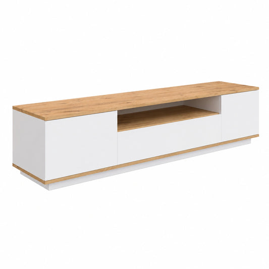 Meuble TV, avec rangement, avec portes, en panneaux de bois, coloris blanc et naturel, pour le salon
