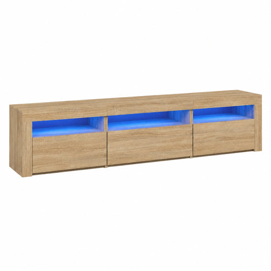 Meuble TV, en chêne, avec rangement, avec éclairage LED, 195 x 35 x 40 cm, pour le salon