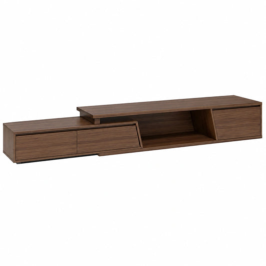Meuble TV, extensible, avec rangement, avec tiroirs, en noyer et panneaux de bois, pour le salon