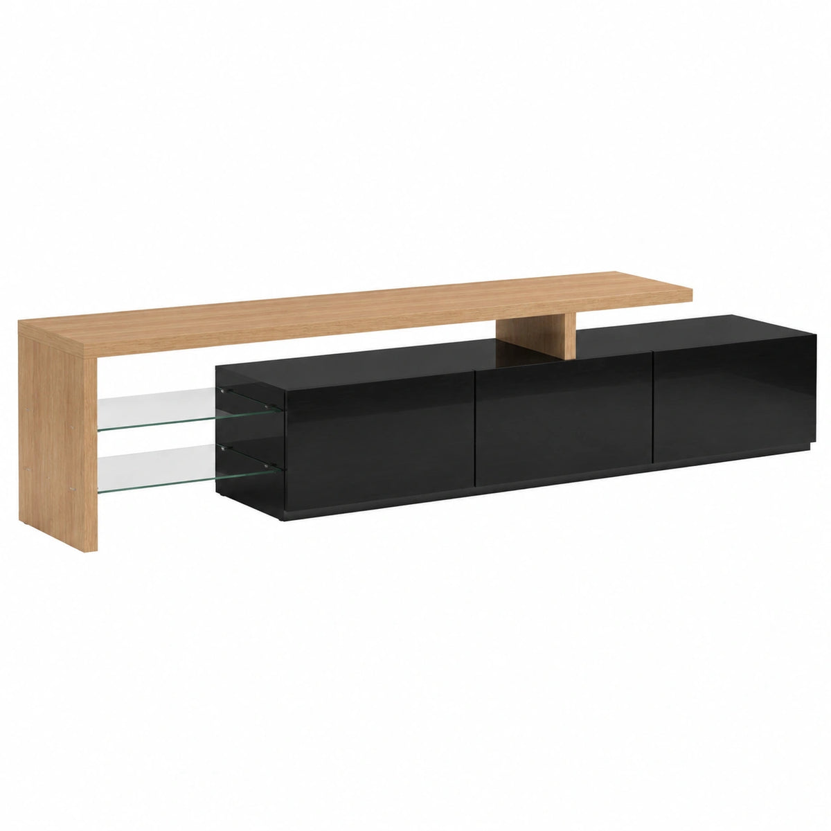 Meuble TV, en verre, avec portes, coloris noir et blanc, pour le salon